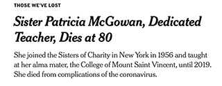 New York Times Pays Tribute to Sister Patricia McGowan