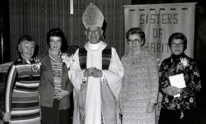 From left: Sr. Mary McCrorken, Sr. Rita Meany, Bishop Francis John Mugavero, Sr. Margaret Dowling and, Sr. Mary Kelly